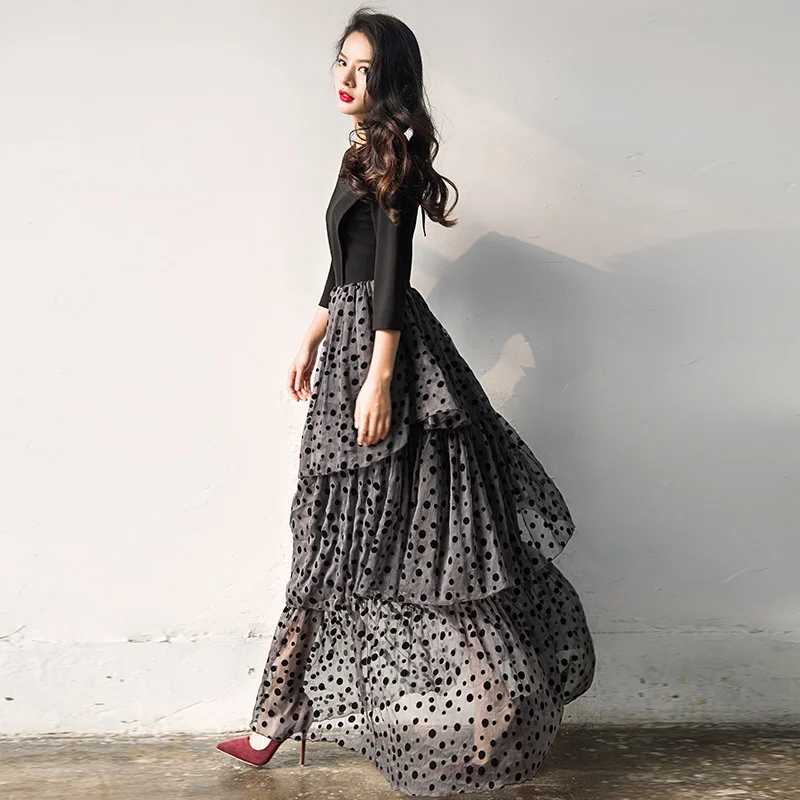 

Elegant 2017 New Spring Summer Women Grey Dot Cascading Ruffle Long Dress High Waist Casual Plus Size Patchwork Dresses Vestidos