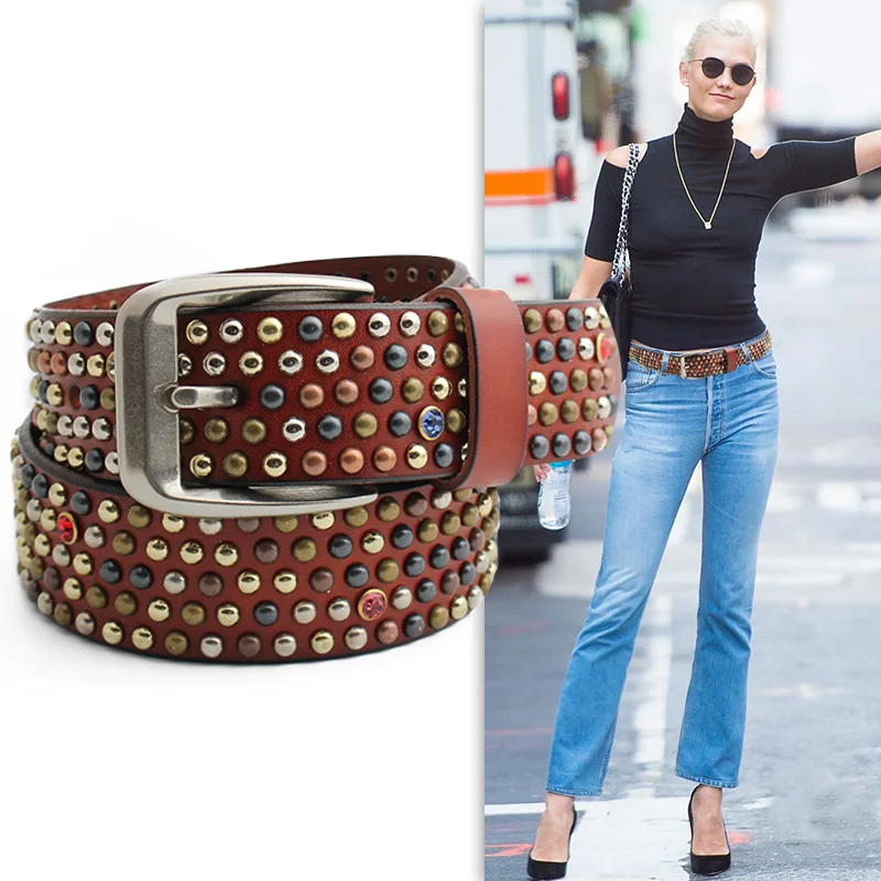Rivet Rhinestone Studded Belts for Women Jeans Genuine Leather Belts
