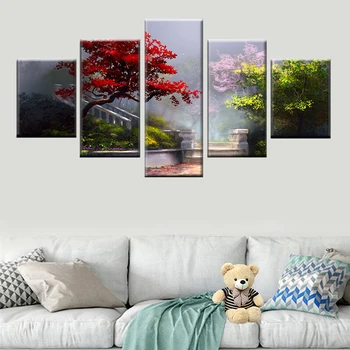 

Modern home decor wall art canvas 5 panel tree landscape picture poster living room HD print painting modular frame