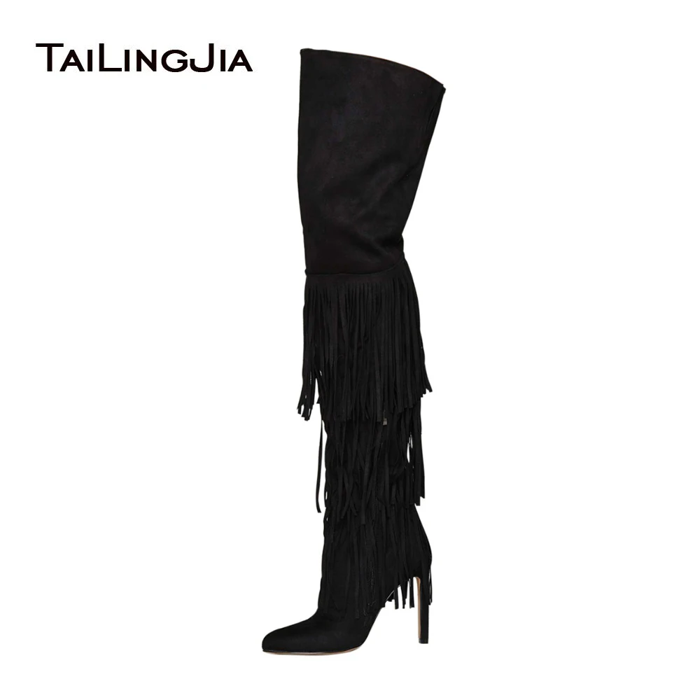 Del Punta Gamuza De Black Las Encima Borla Altas Mujeres Sexy Extremadamente Botas Rodilla Invierno Alta Tacón Muslo Zapatos Por Mujer La Negro nAF4ZqaA