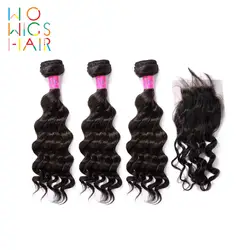 WoWigs волос перуанский волосы remy глубокая волна 3 Связки дело с топ синтетическое закрытие шнурка/Фронтальная натуральный цвет 1B
