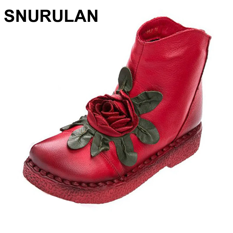 

SNURULAN women genuine leather winter warm handmade low heel vintage flower shoes short boots female motorcycle botas