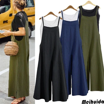 

Plus size 2018 Fashion Summer Women Cotton Linen Wide Leg Romper Casual Strap Sleeveless Loose Long Jumpsuit Party Overalls