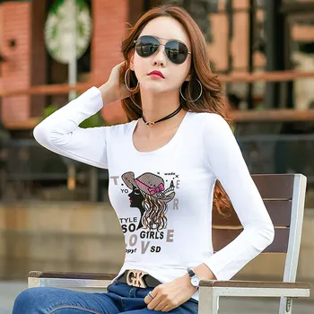 

Women Cotton T Shirt Clothes Diamonds Fashion Print Long Sleeve O Neck White T Shirt Femme Casual Slim Autumn Tops Tee Plus Size