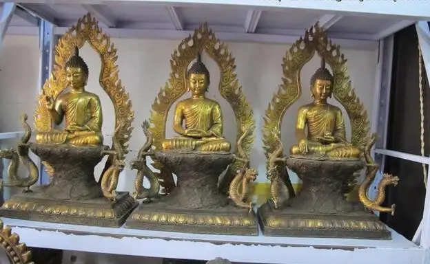 

Tibet Tibetan Bronze Gilt Dragon Thailand Ayutthaya Sakyamuni Buddha statue Set