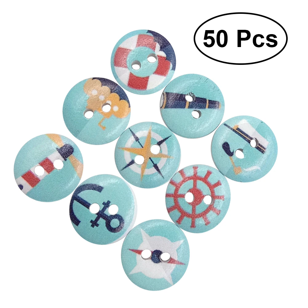 

50Pcs 15MM 2 Holes Wood Buttons DIY Navy Series Wide Side Small Fresh Environmental Wooden Printing Press Studs Snaps Buttons