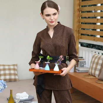 

2018 Autumn/Winter New Beauty Salon Uniforms Womens Brown Coffee Club Workwear SPA Technician Clothing Set (Blouse+Pants)