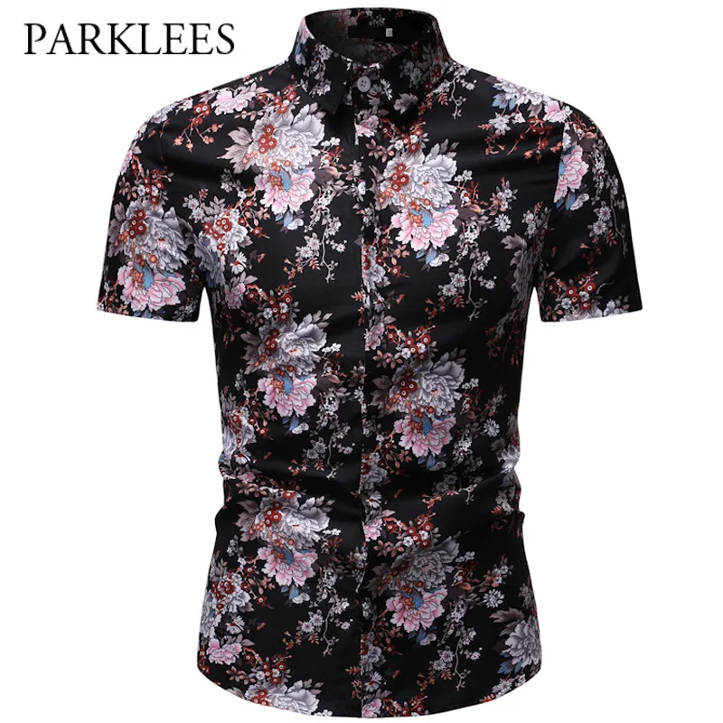 Мужская рубашка в летнем стиле с цветочным принтом, Пляжная гавайская рубашка, мужская повседневная рубашка с коротким рукавом, праздничная гавайская рубашка, Chemise Homme, Азиатский Размер 3XL - Цвет: black