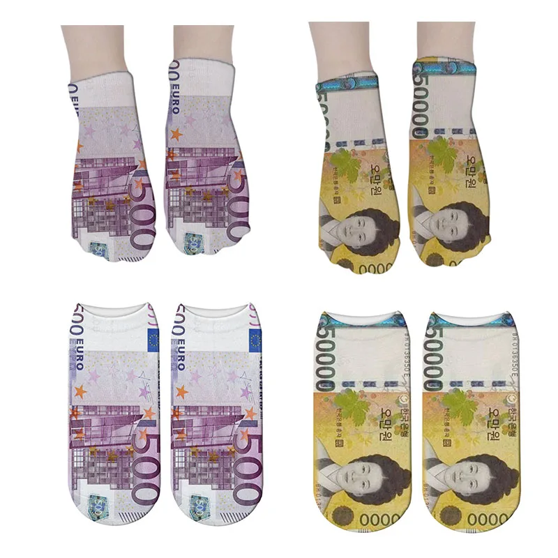 Новые женские короткие женские носки до голени Для мужчин забавные валюта 3D носки с принтом хлопковые чулки с принтом носки 7S-ZWS36