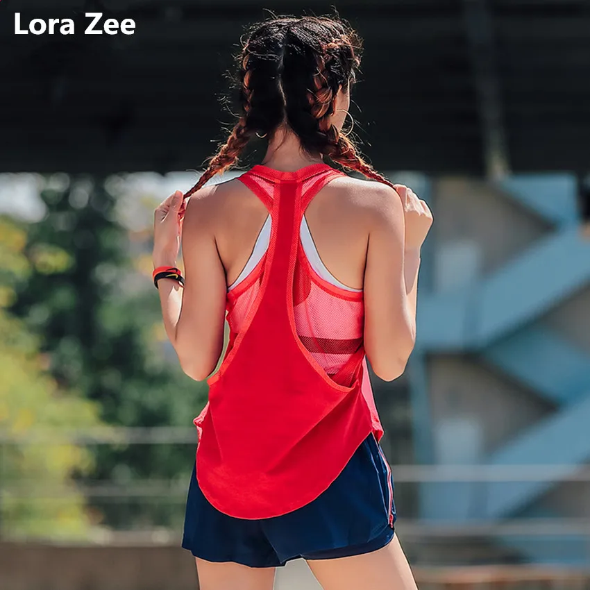 LORA ZEE рубашка без рукавов для занятий йогой для женщин Свободная дышащая быстросохнущая Спортивная майка Для Фитнеса Сексуальная сетчатая Спортивная одежда для бега - Цвет: red