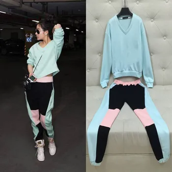 

Tracksuits Hot Sale Cotton Full Pattern O-neck 2018 New 2 Sets Of Women Fight Color Personality Design Leisure Suit Female