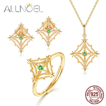 

ALLNOEL 925 Sterling Silver Emerald Jewelry Set For Women Real Emerald 9K Gold Plated Pendant Necklace Ring Stud Earrings New