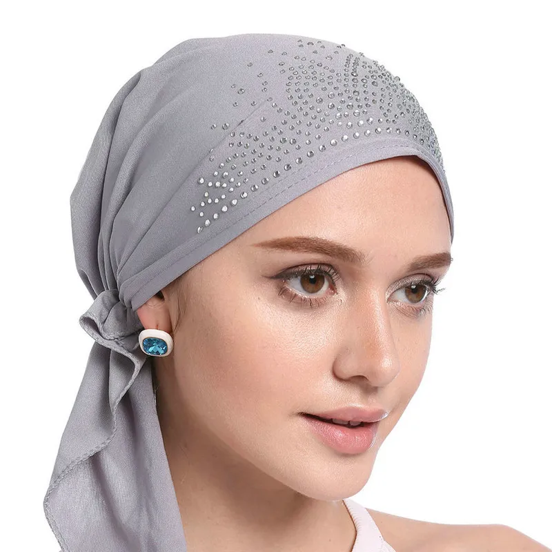 Fashion Women Headscarf Hat Thin Summer Muslim Inner Caps Solid Diamond Turban Bonnet Hijab India Head Wrap Hats For Ladies