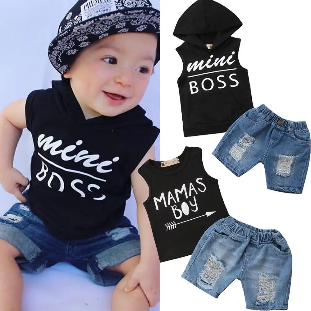 

Hot Fashion For 1-5Y Cool Kids Boys Baby Clothes Summer Letter Hoodie T-Shirt Tops+Short Denim Outfits Mini Boss Mama Boy Casual