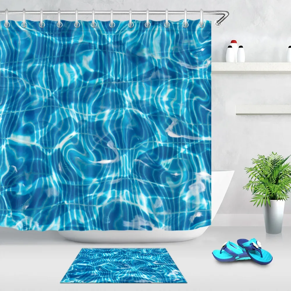

LB Abstract Blue Bright Extra Long Waterproof Shower Curtain Liner with Mat Set Bathroom Polyester Fabric For Art Bathtub Decor