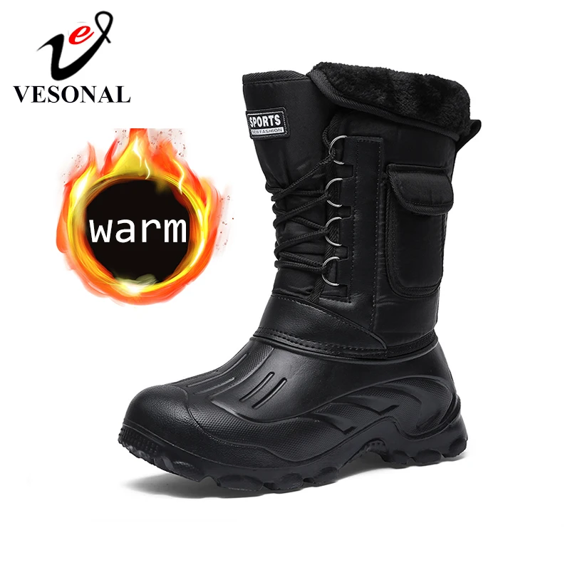 VESONAL 2020 Winter Camouflage Snow Men Boots Rain Shoes Waterproof With Fur Plush Warm Male Casual Mid Calf Work Fishing Boot