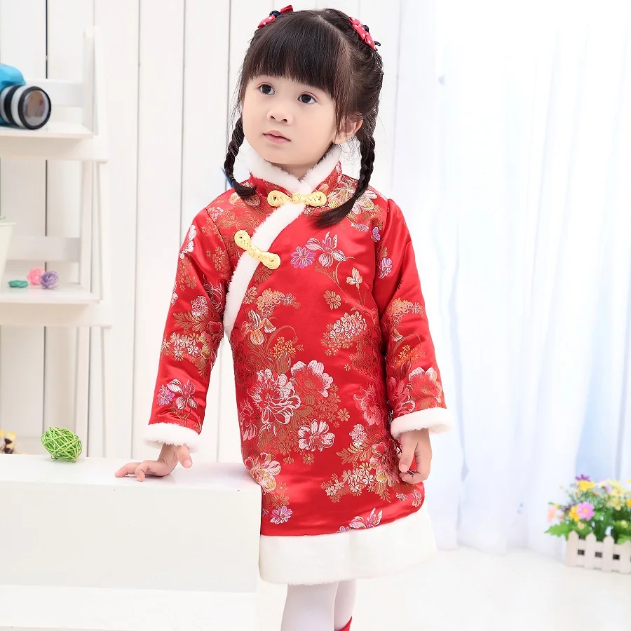 Зимние стеганые куртки для девочек, китайское традиционное платье Qipao Tang, новогодний костюм