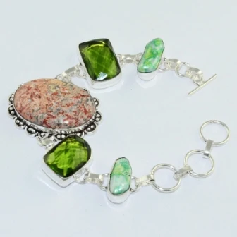 

Leopard Skin Jaspers Peridots & Biwa Pearls Silver Overlay on Copper Bracelet , 19.8 cm, B1595