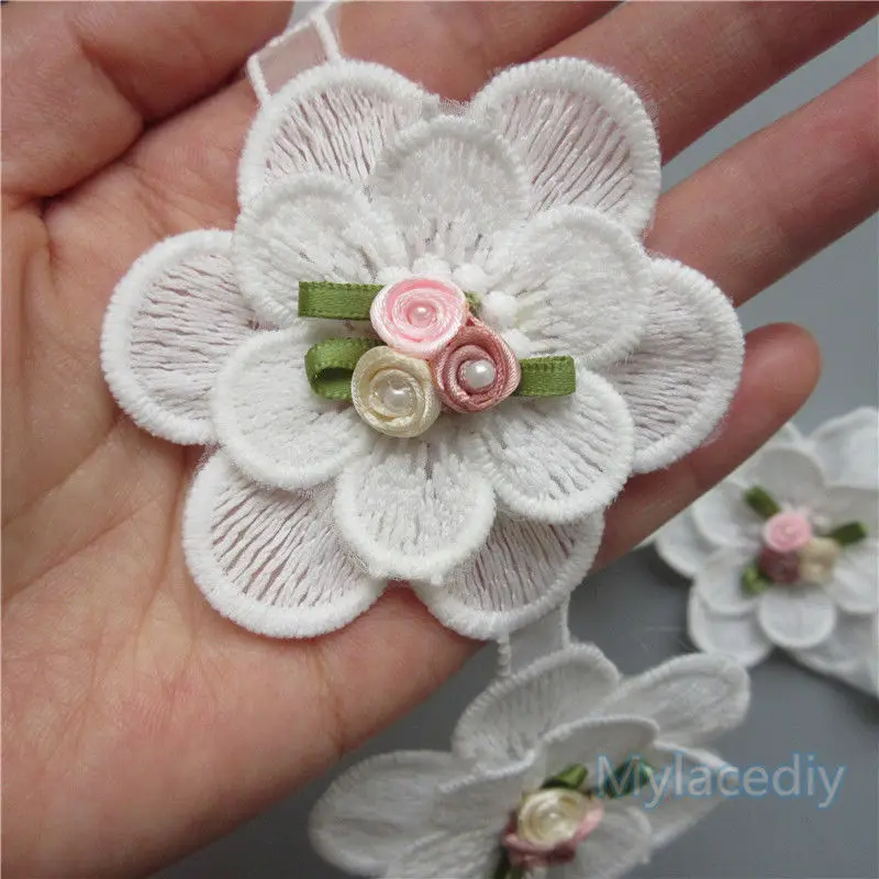 

5x 7cm Pearl Rose Flower Embroidered Lace Edge Trim Ribbon Floral Applique DIY Patches Fabric Sewing Craft Vintage Wedding Dress