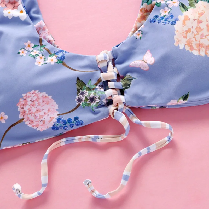 

HOT Women Split Swimsuits Floral Printed Strappy Bikini Bra + Printed Swimming Briefs HV99