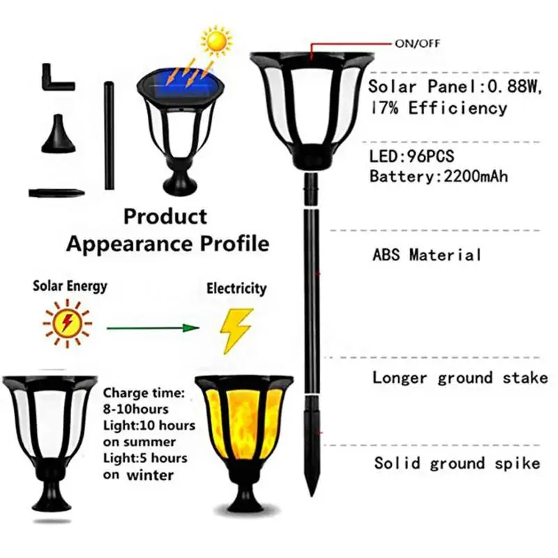 2шт 96LED солнечный мерцающий свет пламени Открытый водонепроницаемый ярд факел Лампа