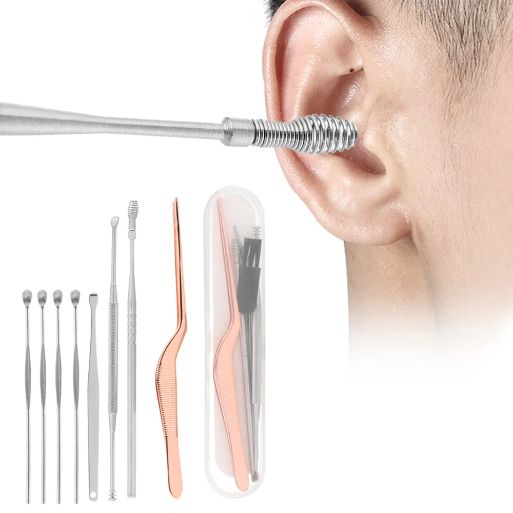 

9 pcs/set Stainless Steel Ear Pick Earpick Earwax Curette Remover Ear Cleaner Spoon Spiral Ear Clean Tool Ear Care Kit Health