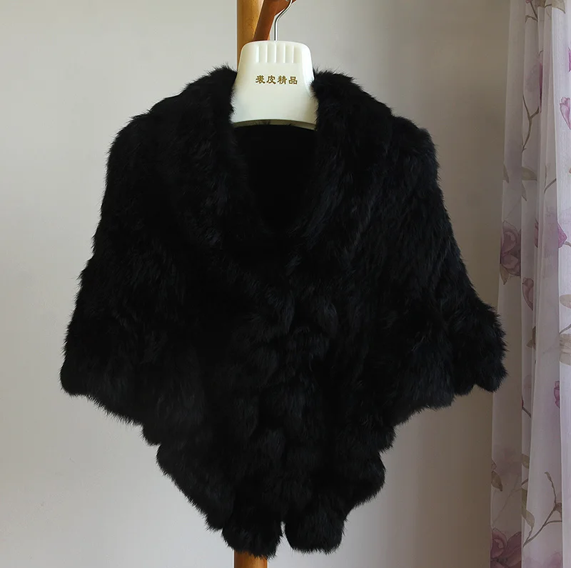 GTC180 стиль Женская мода отложной воротник ROUCHED EDGE натуральная женская вязаная кроличья меховая накидки, шали палантины пончо - Цвет: Black
