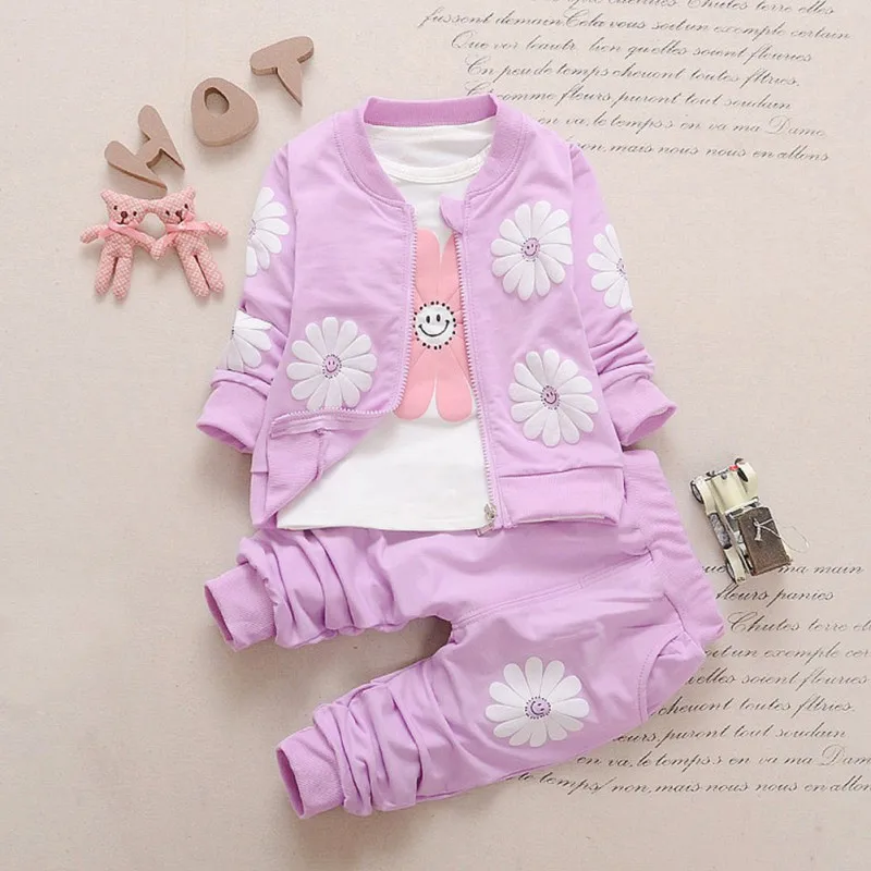 

Autumn Kid Girl Sunflower Clothes Set Children Cotton Suit Long Sleeve Blouse+Sweatshirt+Long Trousers Casual 3 Pcs Outfits Set
