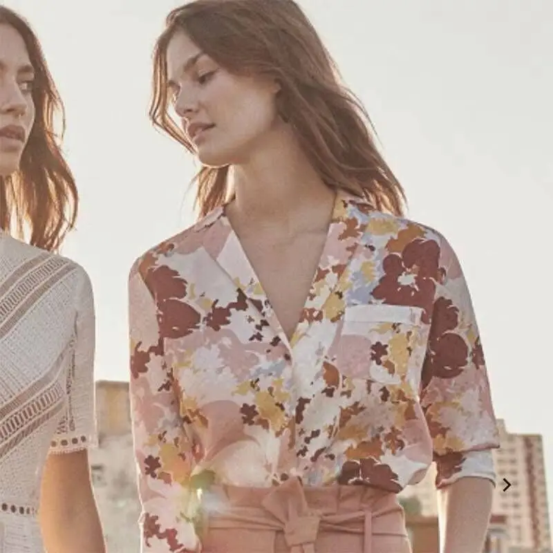 

Woman Shirt Spring Summer Flower Print Silk Shirt