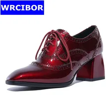 2017 British style Fretwork vintage Women Oxford shoes patent leather lace up pointed toe high heels fashion Retro women pumps