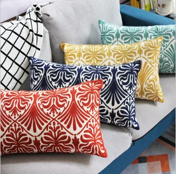 

Home Decor Embroidered Cushion Cover Navy Blue Yellow Flower Geometric Canvas Cotton Embroidery Pillow Cover 30x50cm Pillow Sham