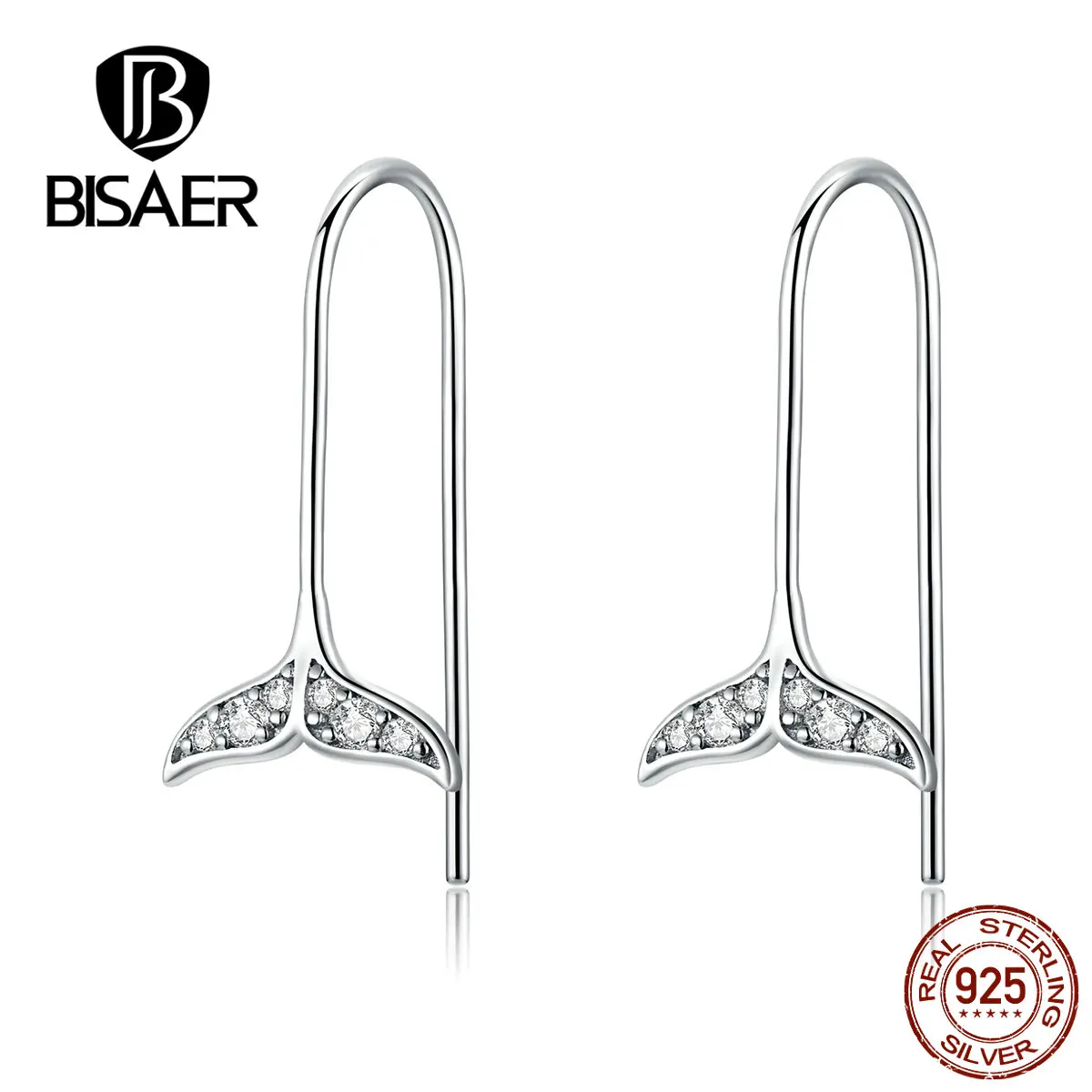 

BISAER Mermaid Earrings 925 Sterling Silver Luminous Mermaid's Story Long Chain Stud Earrings for Women Silver Jewelry ECE667