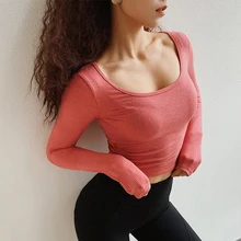 Новинка, сексуальные женские топы с длинными рукавами, рубашки для йоги, эластичные плотные спортивные футболки, одежда для занятий йогой