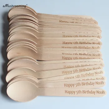 

x25 Happy Birthday Disposable Wooden Spoons Large Personalized Birch Wood Scoops 1st Birthday Ice Cream Dessert Serving Spoons