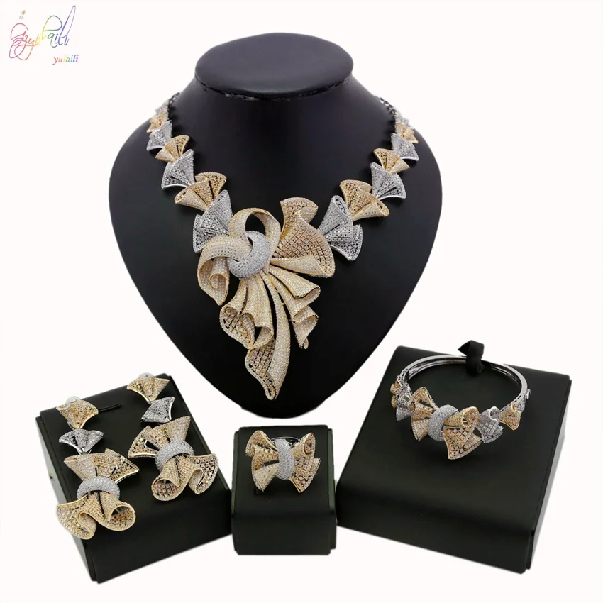 

YULAILI Luxury Cubic Zirconia Necklace Bracelet Earrings Ring 4pcs Jewelry Set for Wedding Bridal Accessories