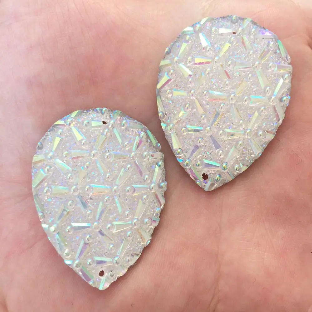 

New 8pcs white AB Resin Cute bling 30*40mm teardrop flower flat back rhinestone appliques DIY Wedding 2 hole craft SF419*2