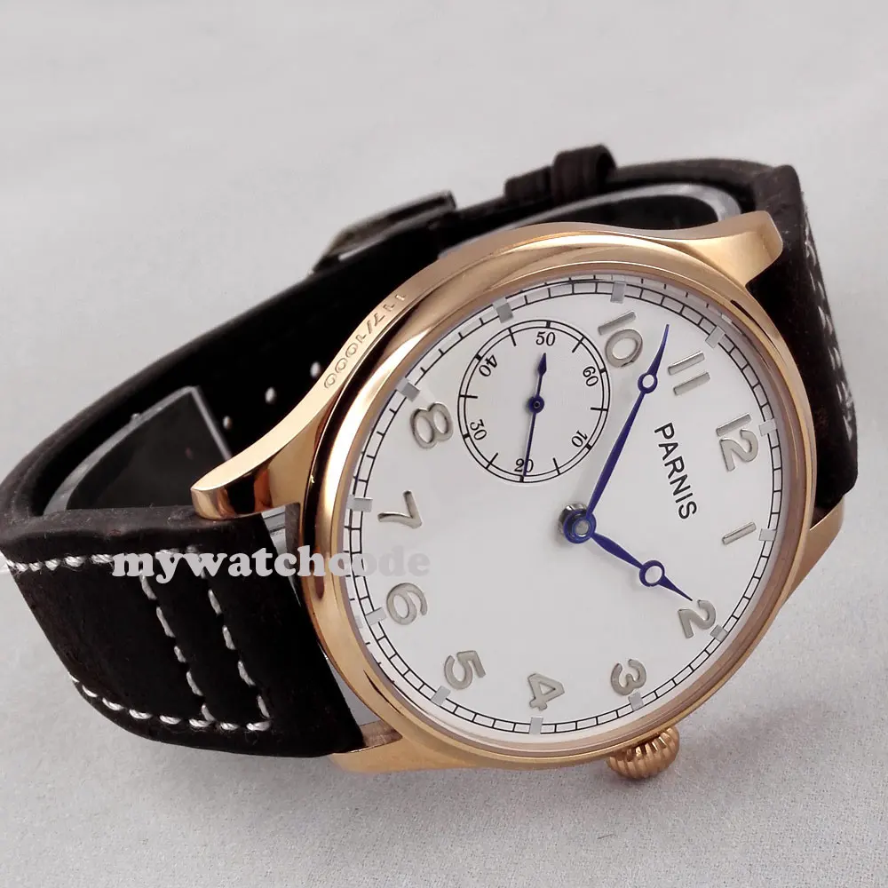 

44mm parnis white dial blue hands black strap 6497 hand winding mens watch B220