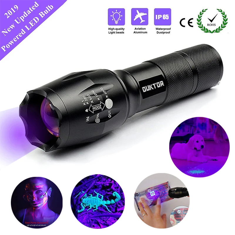 

365nm Led UV Flashlight Ultra Violets Flashlight Ultraviolet Invisible Zoomable for Pet Stains Hunting Detector Marker Checker
