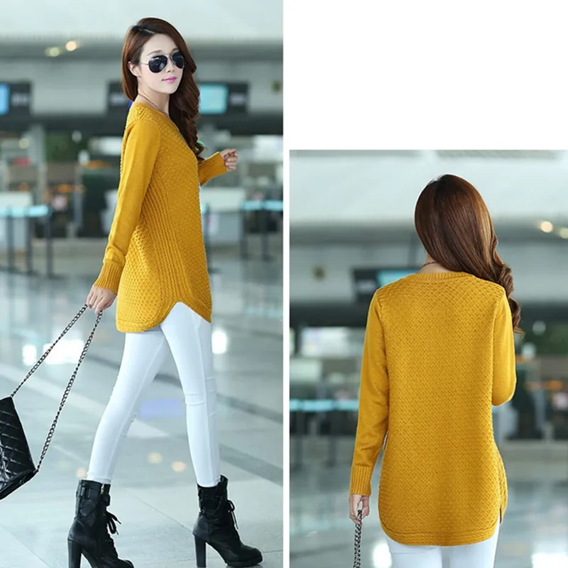 Baratos 2018 Otoño Invierno suéter mujer cuello redondo suéter de punto tamaño grande suelta mangas largas mujeres tapas camisa inferior suéter