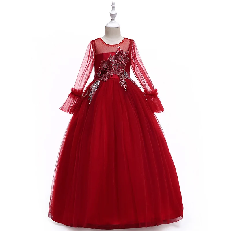 

Girls Ball Gown Embroidery Floral Princess Dresses For 120-170cm Wedding Flower Girl Costumes Kids Party Dress Crianca Vestidos