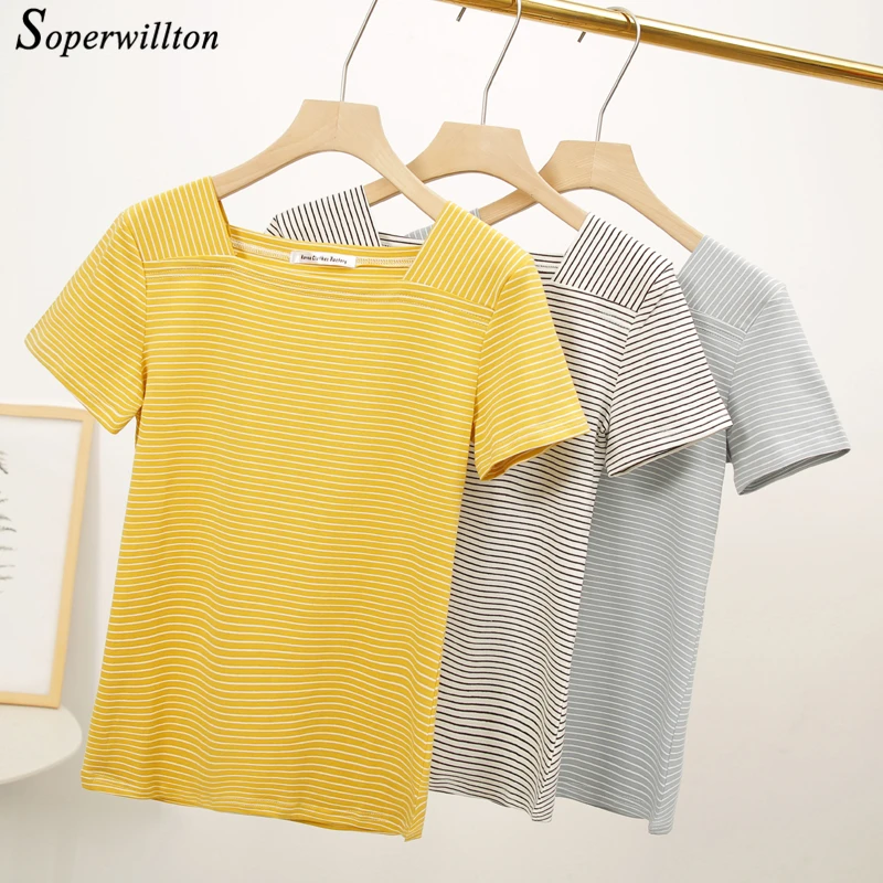 

Women Striped Tshirt Cotton V-Neck Short Sleeve Female T shirt Ladies Tops 2019 Casual Summer Striped Ladies Top Tees Black