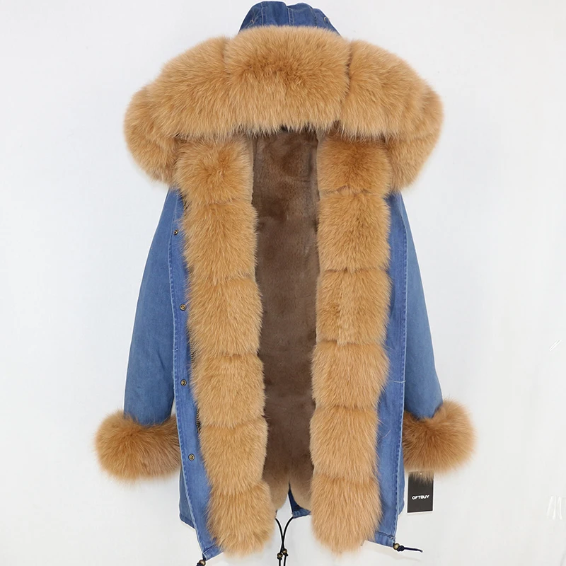 denim camel OFTBUY брендовая Роскошная зимняя куртка для женщин натуральный мех пальто 3 в 1 длинная парка большой натуральный мех толстый теплый уличная верхняя одежда - Цвет: denim camel