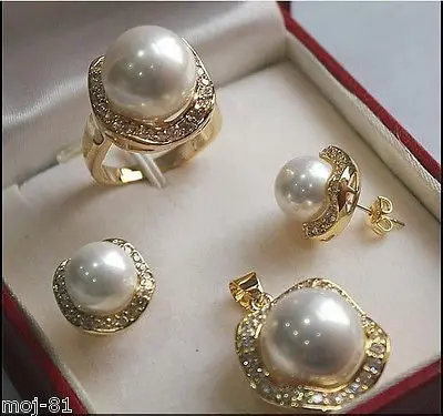 

Nobility Lucky Women Set 10mm &14mm White South Sea Shell Pearl Earrings Pendant Necklace Ring 7 8 9 Silver hook silver-jewelry