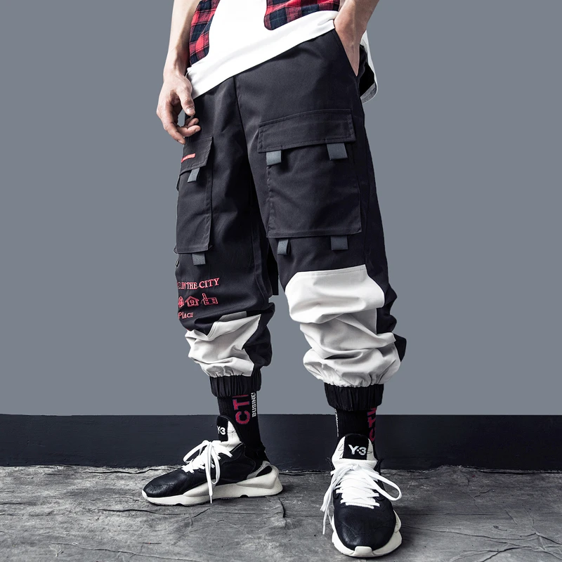 US Size Cargo Pants Men Pocket Loose Trousers Letter Embroidery Hip Hop Harem Male Joggers Streetwear Ribbon Skateboard GY18