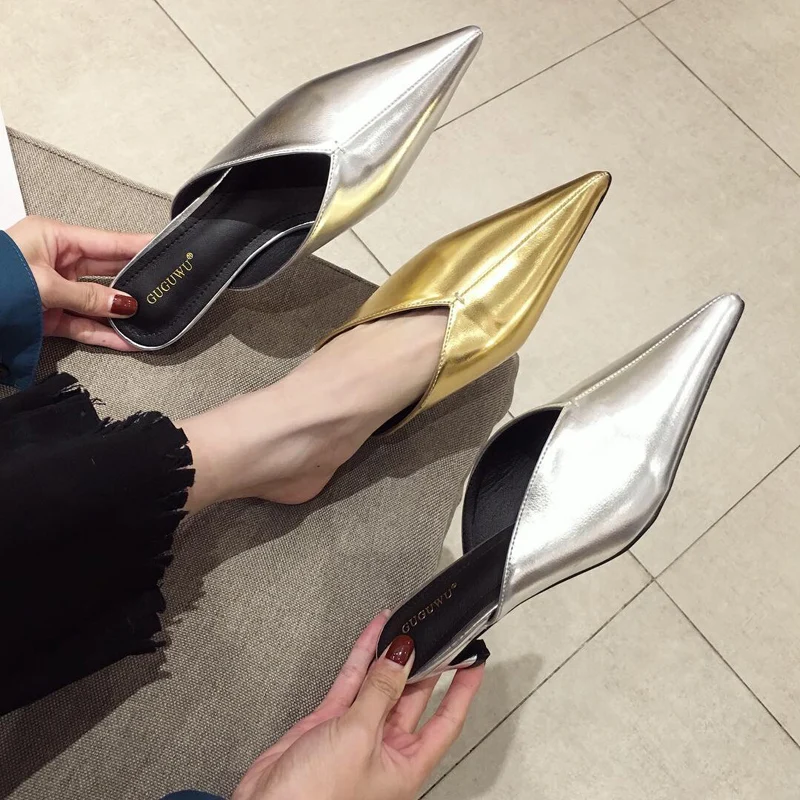 

Woman Patent Leather Heels Mules Pointed Toe Slipper Fashion Slip on Slides Shoes Gold Silver Luxury Sandalias Mujer Flip Flops