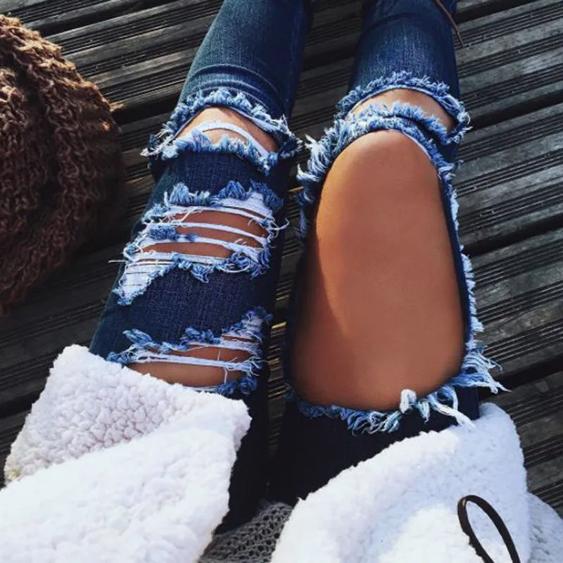 

WOMENS RIPPED KNEE CUT JEANS FADED SLIM FIT LADIES SKINNY DENIM JEANS FASHION HOLE LONG TROUSERS SIZES 6 TO 16 JEANS