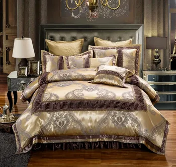 

4/6 Pieces Luxury Cotton Bed spread set Golden Brown Satin Bedding set Cotton King Queen size Bed Duvet cover set Pillowcases