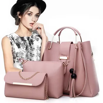 

2018 New Fashion Women 3pcs/set Cosmetic Bag PU Leather Makeup Bags Casual Tassel Decors Shoulder Tote Bag