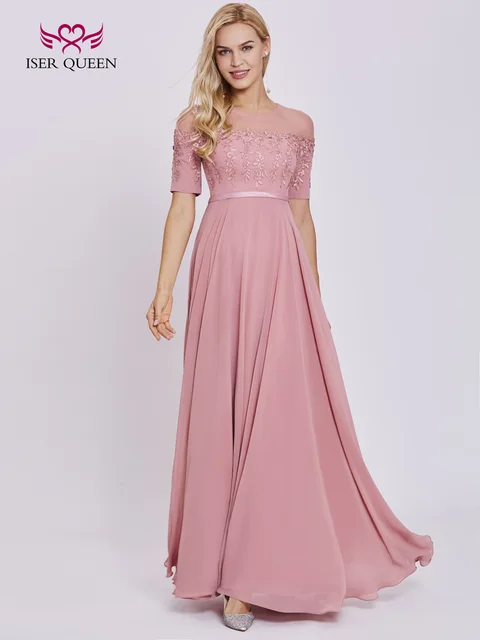 Sheer Neck Half Sleeve Lace Liques Chiffon Bridesmaid Dresses Sheer Neck Half Sleeve Lace Liques Chiffon Bridesmaid Dresses 2018 New Plus Size Pink Color Elegant