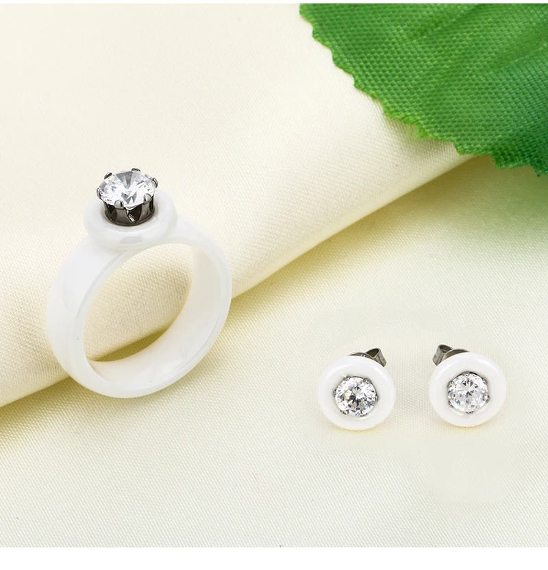 Новая Мода Настоящий керамический набор украшений для женщин леди кристалл AAA Фианиты Серьги-гвоздики кольца ювелирный набор Коллекция